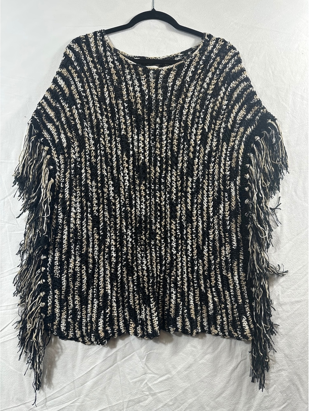 Chicos black and cream fringed knit top
